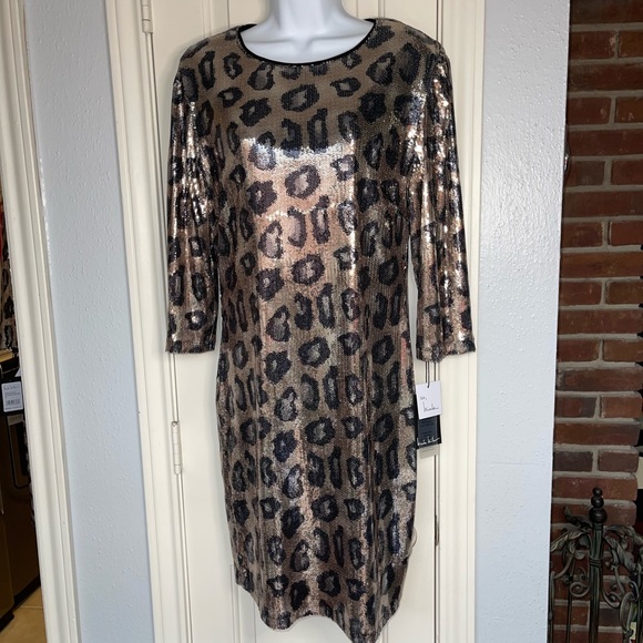 Nicole Miller Lizzie Sequin Sheath Midi Dress. Leopard Brown. Size 8. NWT! - Picture 6 of 11